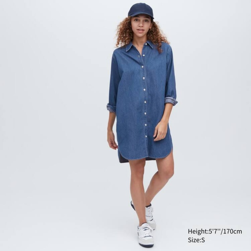 Dámské Šaty Uniqlo Denim Long Sleeved Blankyt | ZQAWCGX-74