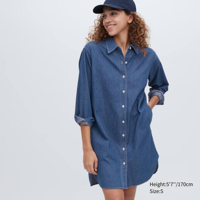 Dámské Šaty Uniqlo Denim Long Sleeved Blankyt | ZQAWCGX-74