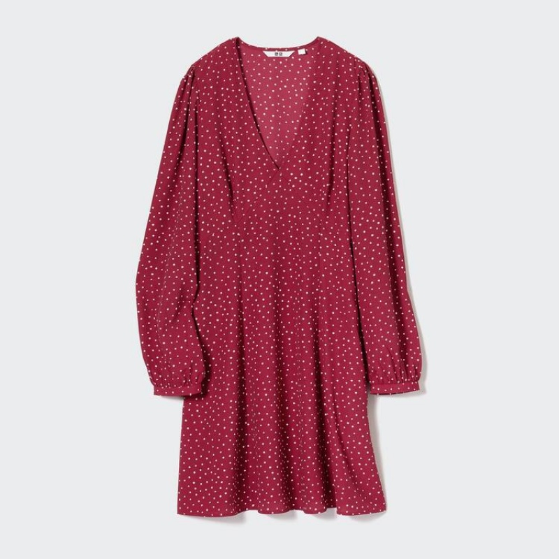 Dámské Šaty Uniqlo Dotted V Neck Long Sleeved Mini Červené | QEALYHM-64