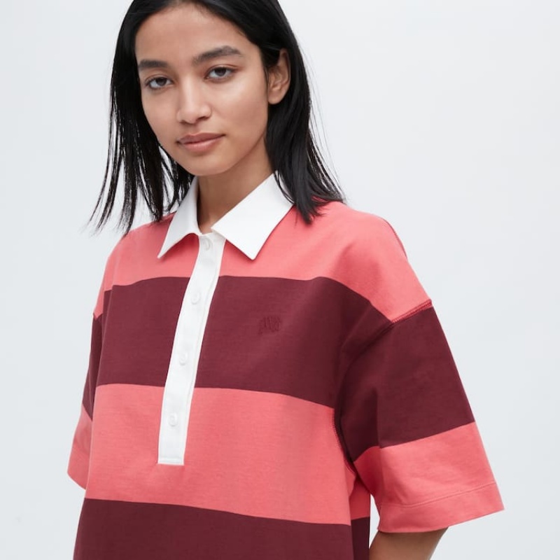 Dámské Šaty Uniqlo Jw Anderson Pruhovaný Polo Krátké Sleeved Růžové | KFIOSNC-43