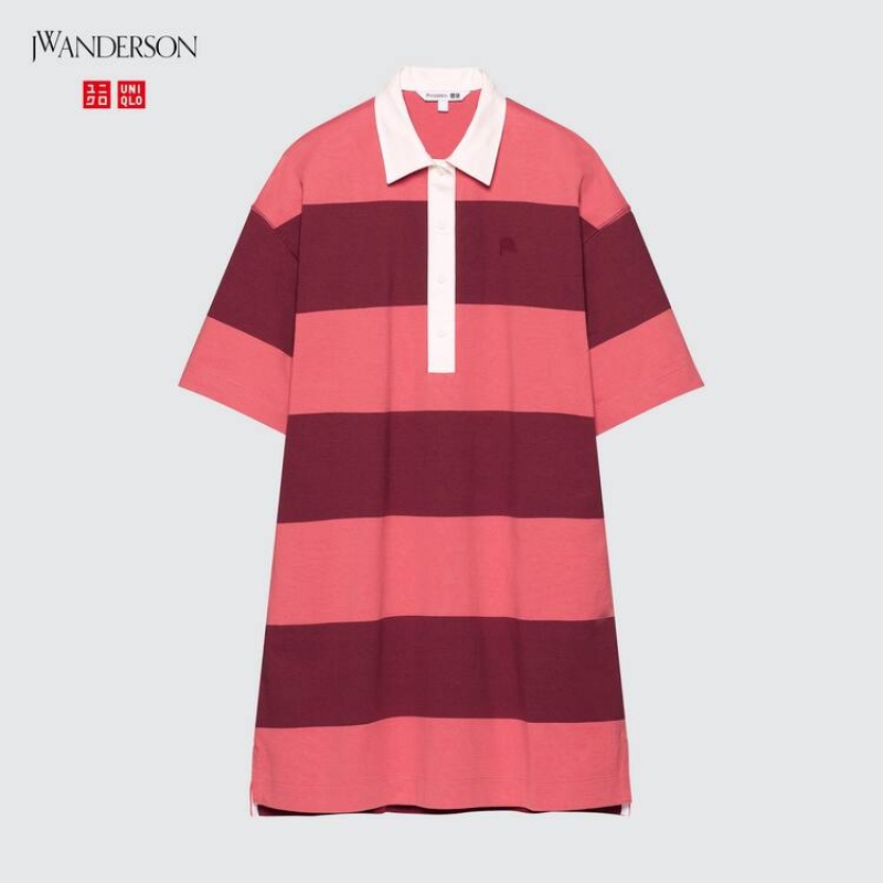 Dámské Šaty Uniqlo Jw Anderson Pruhovaný Polo Krátké Sleeved Růžové | KFIOSNC-43