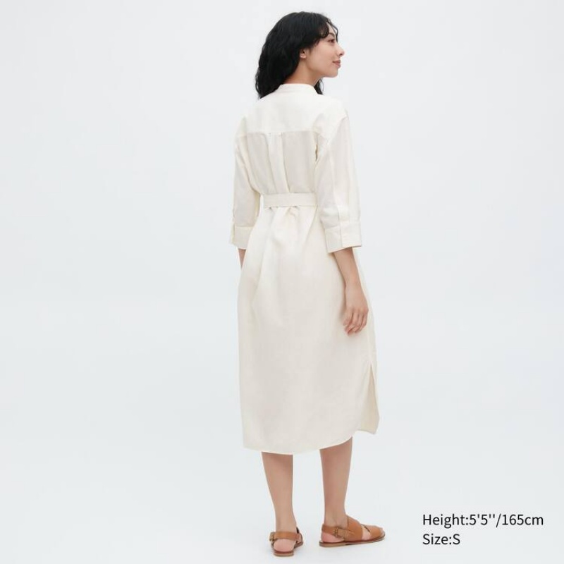 Dámské Šaty Uniqlo Linen Blend 3/4 Sleeved Bílé | TFMVULN-82