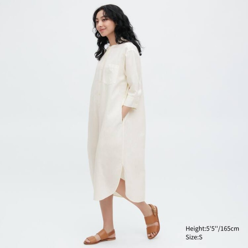 Dámské Šaty Uniqlo Linen Blend 3/4 Sleeved Bílé | TFMVULN-82