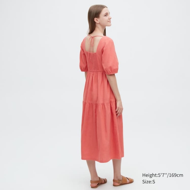 Dámské Šaty Uniqlo Linen Blend Shirring Volume Sleeved Růžové | GZTDHWC-28