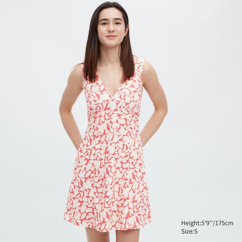 Dámské Šaty Uniqlo Printed V Neck Bez Rukávů Mini Červené | UFVDPGA-13