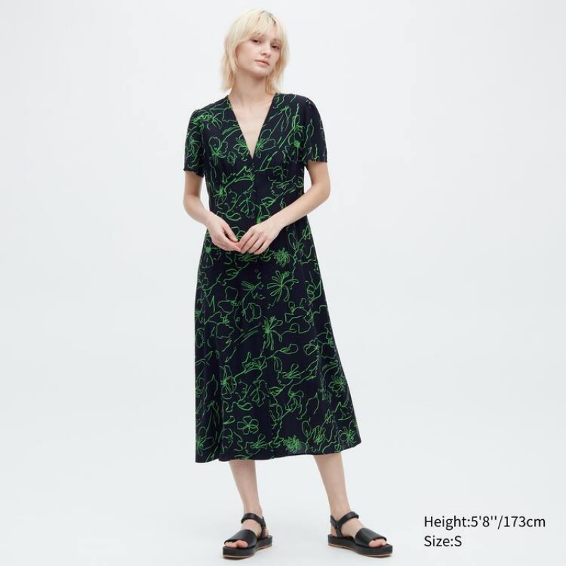 Dámské Šaty Uniqlo Printed V Neck Flared Krátké Sleeved Černé | IMQBNOJ-90