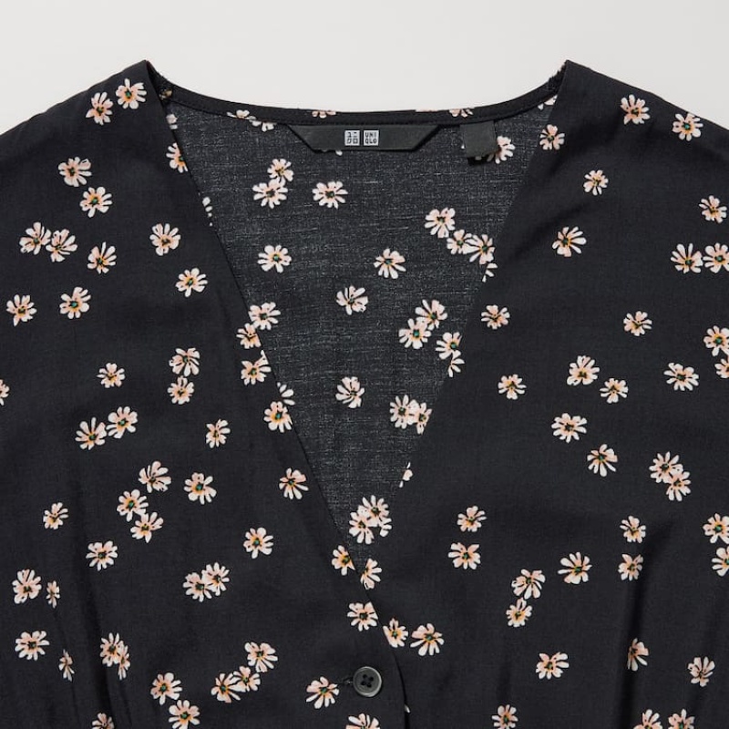 Dámské Šaty Uniqlo Printed V Neck Flared Long Sleeved Černé | YQVUHWI-47