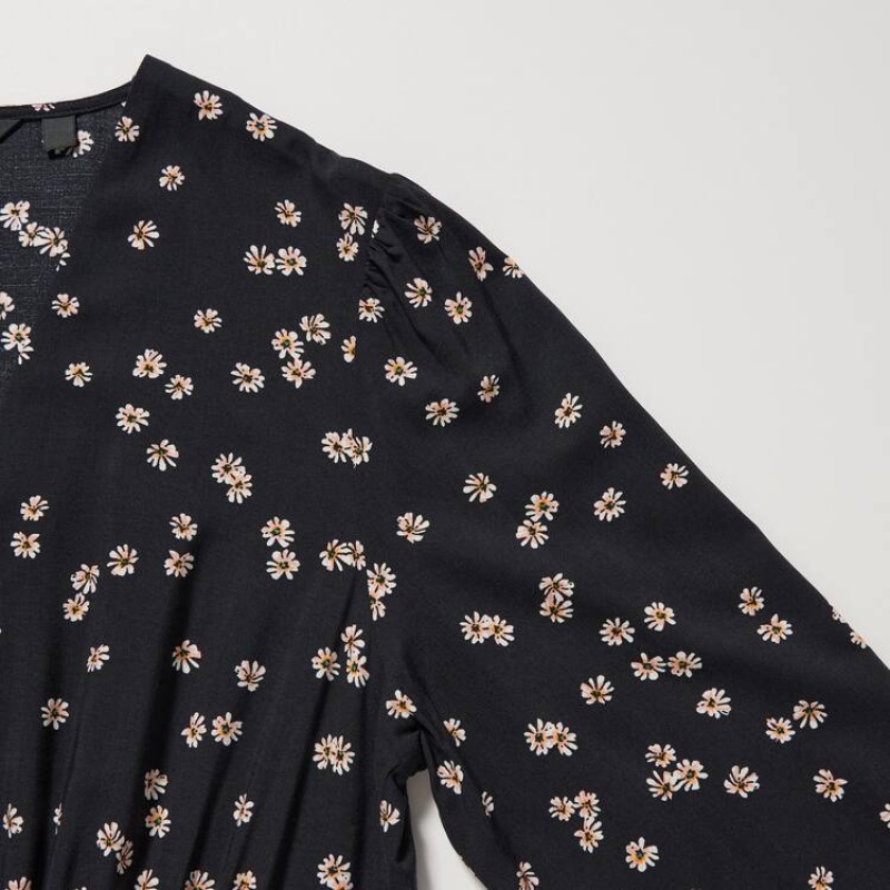 Dámské Šaty Uniqlo Printed V Neck Flared Long Sleeved Černé | YQVUHWI-47