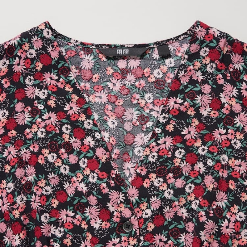 Dámské Šaty Uniqlo Printed V Neck Flared Long Sleeved Růžové | MHNJIGU-37