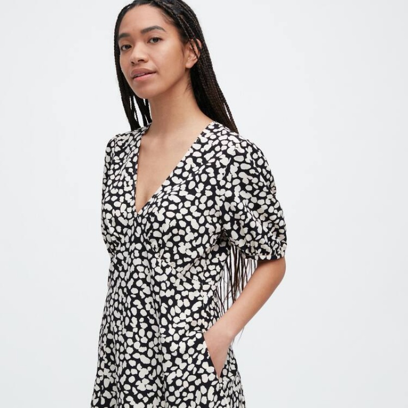 Dámské Šaty Uniqlo Printed V Neck Krátké Sleeved Mini Bílé Černé | GQMABFP-31