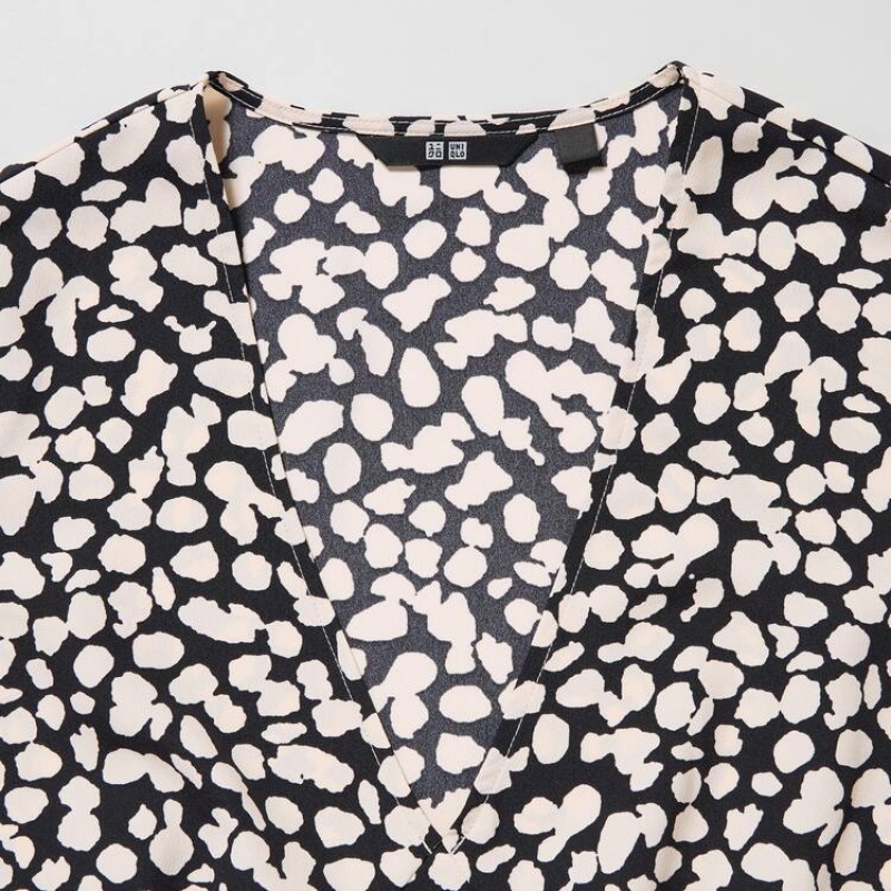 Dámské Šaty Uniqlo Printed V Neck Krátké Sleeved Mini Bílé Černé | GQMABFP-31