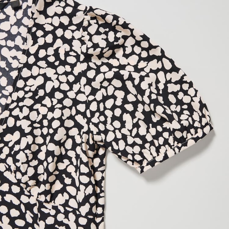 Dámské Šaty Uniqlo Printed V Neck Krátké Sleeved Mini Bílé Černé | GQMABFP-31