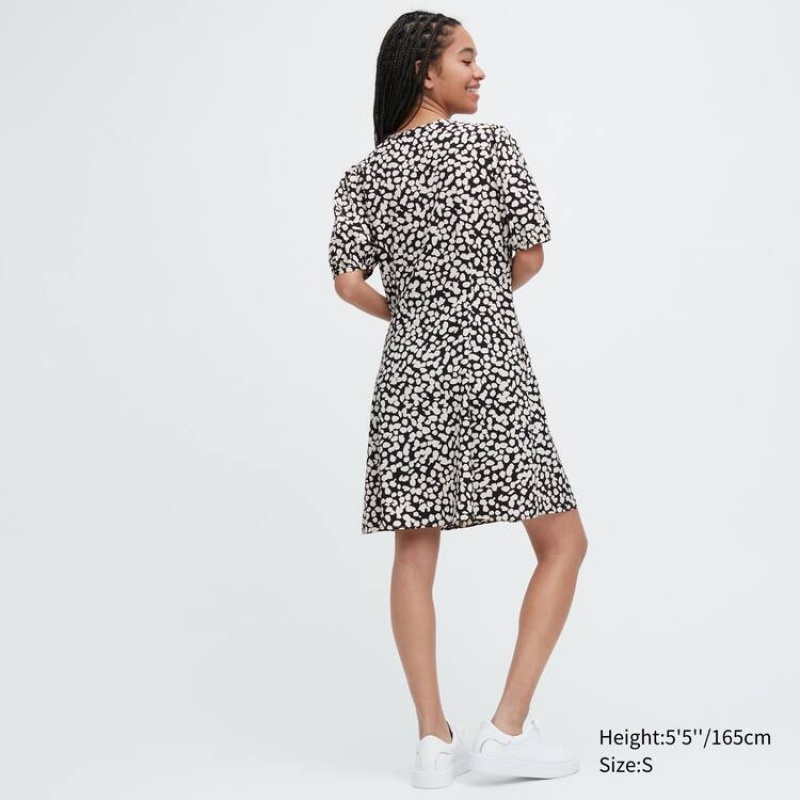 Dámské Šaty Uniqlo Printed V Neck Krátké Sleeved Mini Bílé Černé | GQMABFP-31