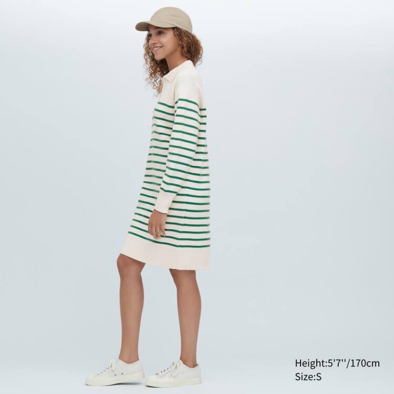 Dámské Šaty Uniqlo Smooth Bavlněné Knit Pruhovaný Long Sleeved Bílé Zelene | LFSOGNA-95