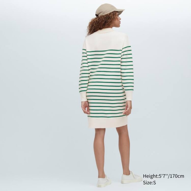 Dámské Šaty Uniqlo Smooth Bavlněné Knit Pruhovaný Long Sleeved Bílé Zelene | LFSOGNA-95