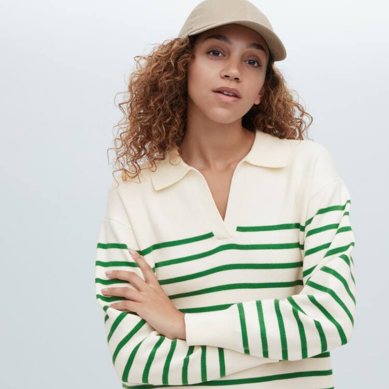 Dámské Šaty Uniqlo Smooth Bavlněné Knit Pruhovaný Long Sleeved Bílé Zelene | LFSOGNA-95