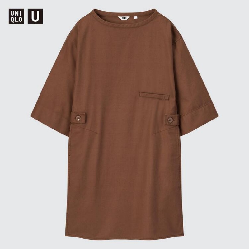 Dámské Šaty Uniqlo U 3/4 Sleeved Hnědé | ZOAKBCV-43