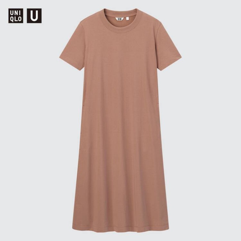 Dámské Šaty Uniqlo U Airism Bavlněné Krátké Sleeved Longline Flared Růžové | JWFXVSR-67