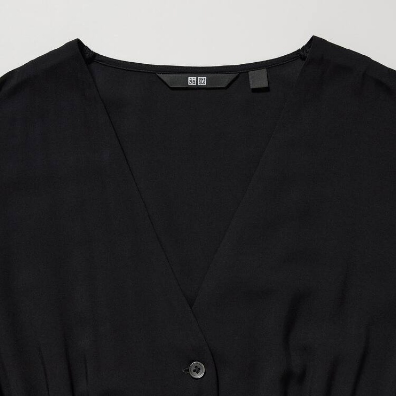 Dámské Šaty Uniqlo V Neck Flared Long Sleeved Černé | BTYSGPO-46