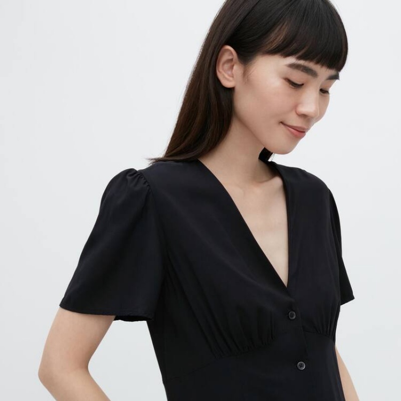 Dámské Šaty Uniqlo V Neck Krátké Sleeved Flared Černé | PKYHDQE-59