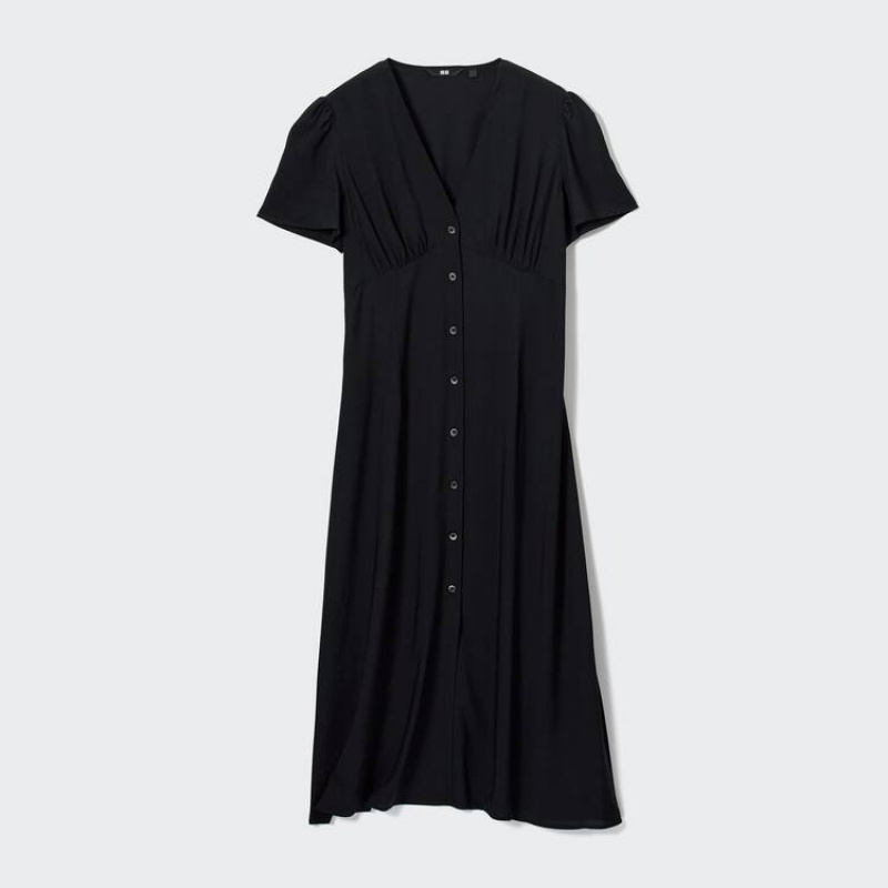 Dámské Šaty Uniqlo V Neck Krátké Sleeved Flared Černé | PKYHDQE-59