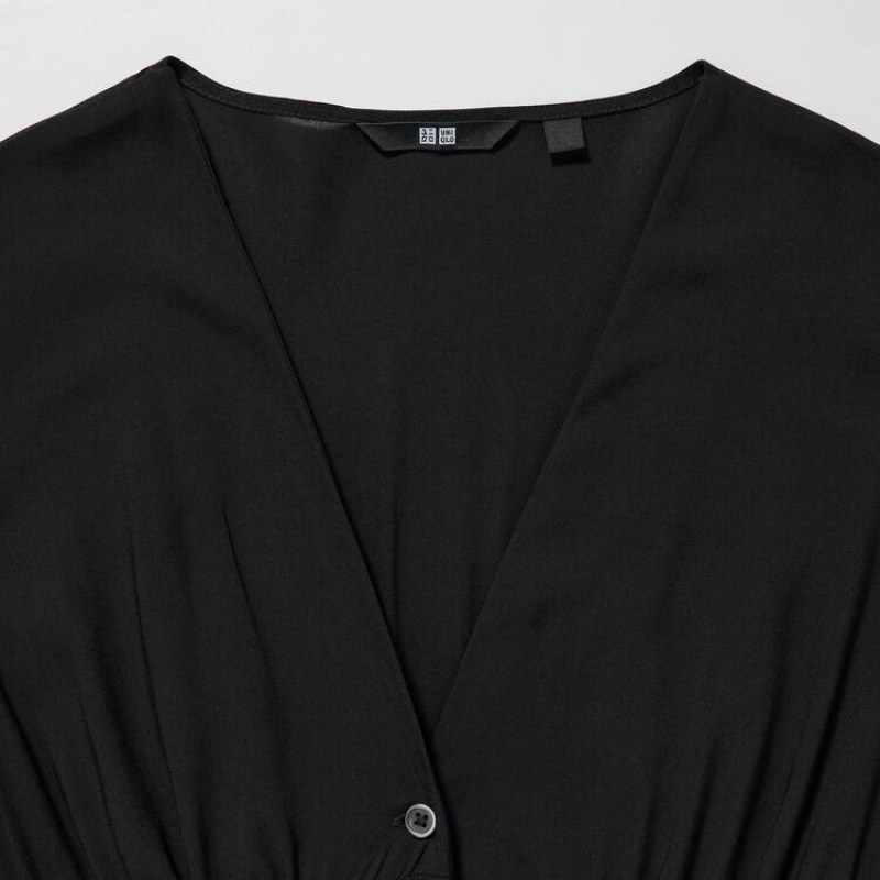 Dámské Šaty Uniqlo V Neck Krátké Sleeved Flared Černé | PKYHDQE-59