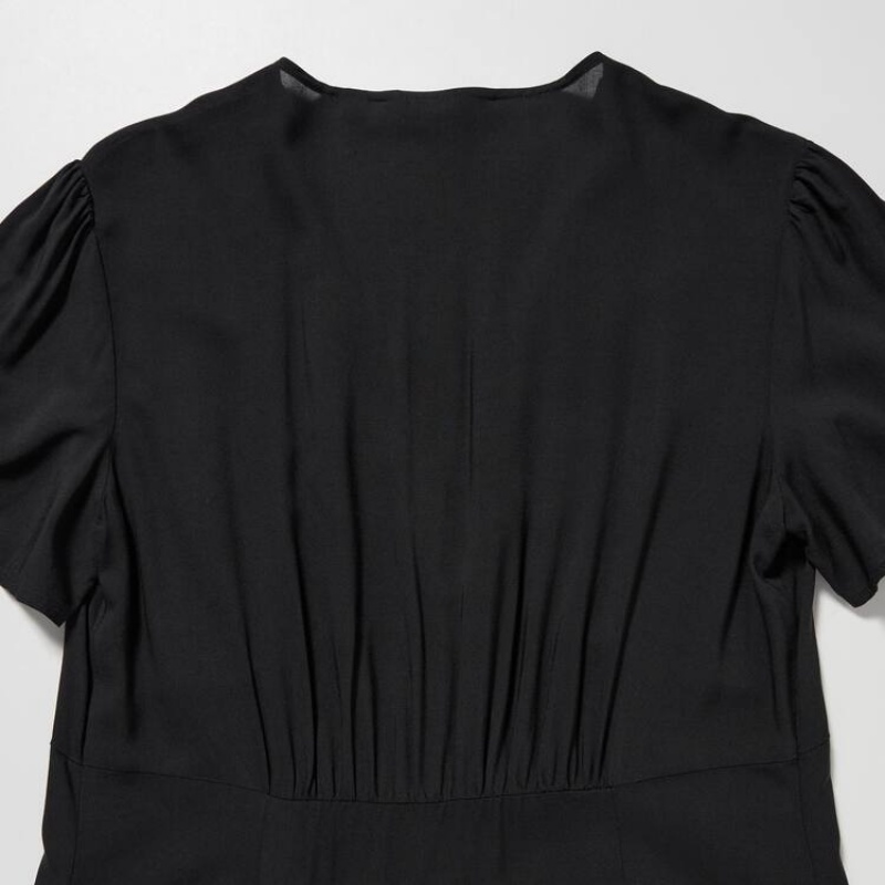 Dámské Šaty Uniqlo V Neck Krátké Sleeved Flared Černé | PKYHDQE-59