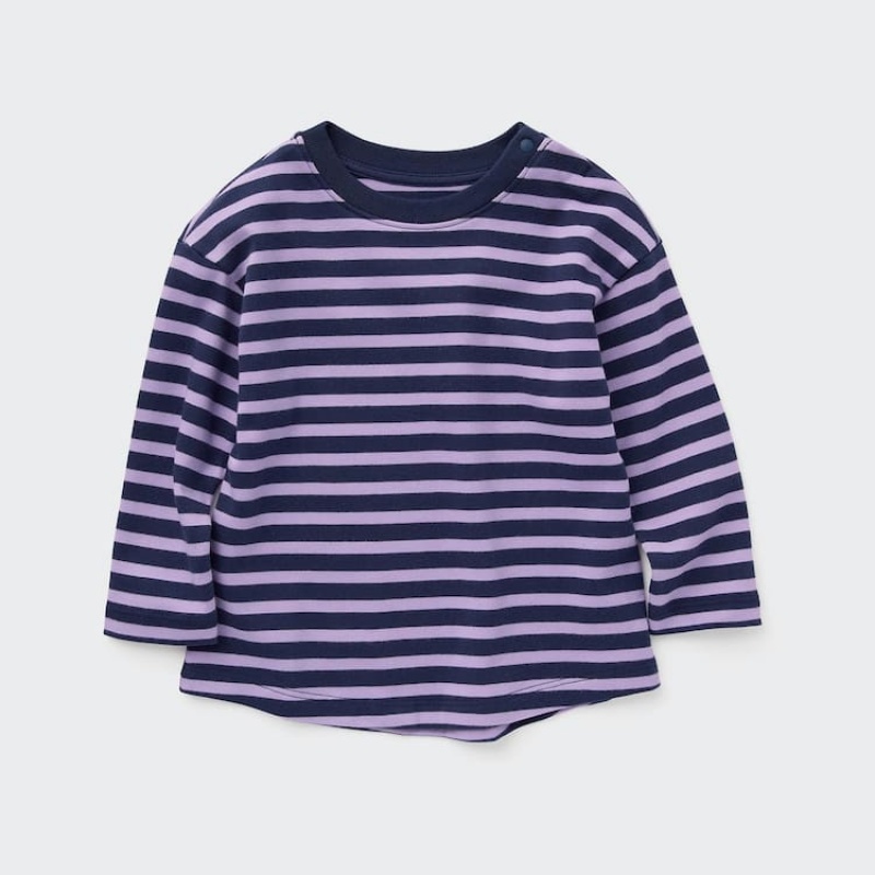 Dítě Tričko Uniqlo Bavlněné Pruhovaný Crew Neck Long Sleeved Fialové | GPQXYJM-91