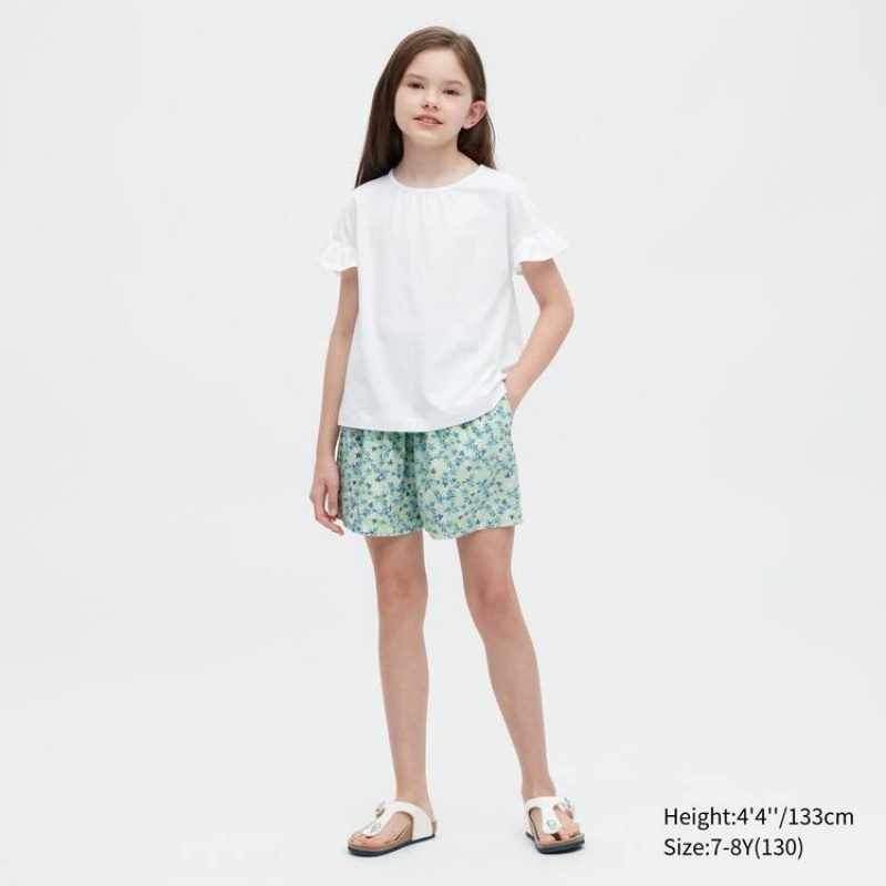 Dětské Kraťasy Uniqlo Linen Blend Flower Print Easy Zelene | ZCDLWUP-84