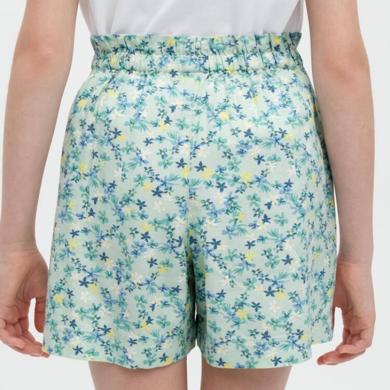 Dětské Kraťasy Uniqlo Linen Blend Flower Print Easy Zelene | ZCDLWUP-84