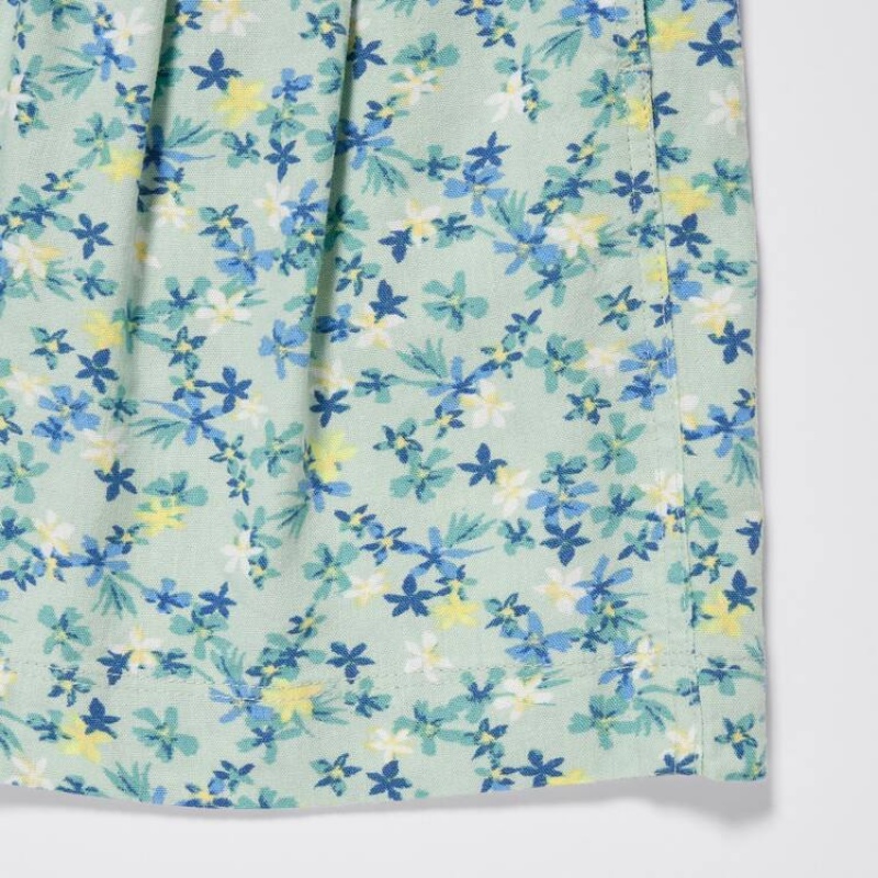 Dětské Kraťasy Uniqlo Linen Blend Flower Print Easy Zelene | ZCDLWUP-84