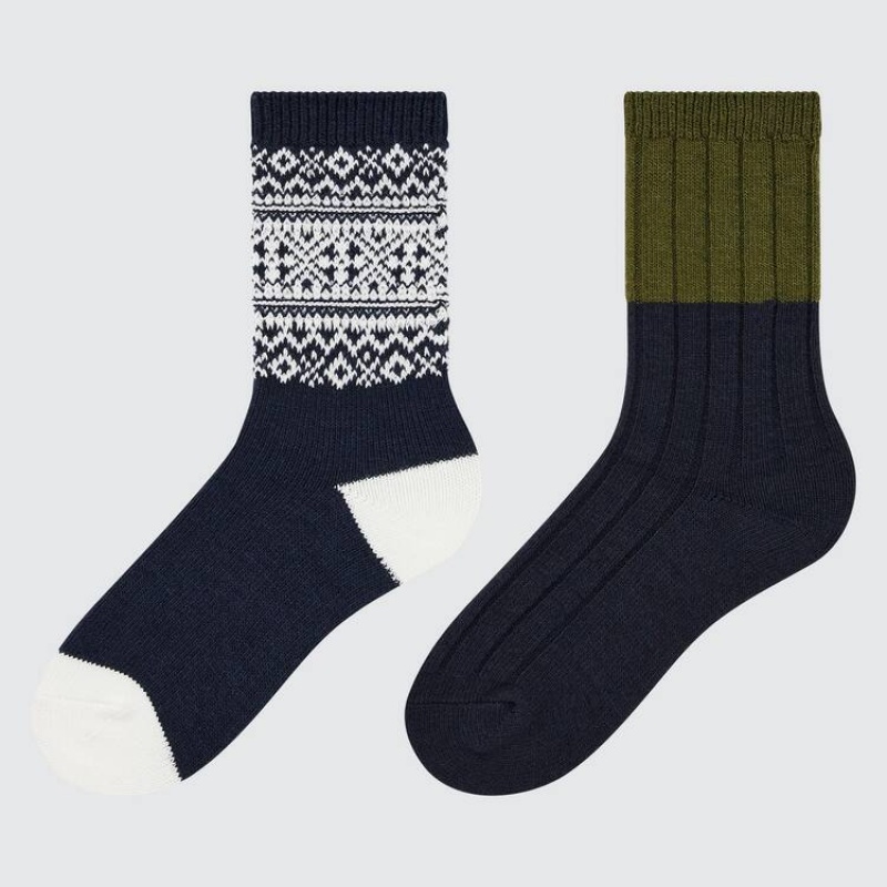 Dětské Ponožky Uniqlo Heattech Fair Isle Print (Two Pairs) Tmavě Blankyt Bílé Zelene | GOEAUBH-09