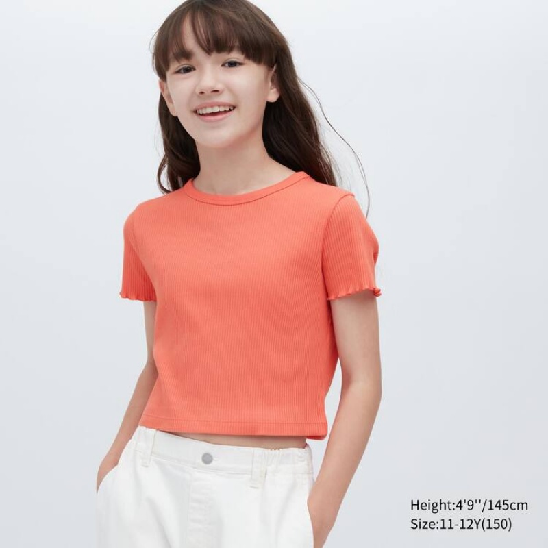 Dětské Tričko Uniqlo Žebrovaný Cropped Oranžové | JOLQVGM-32