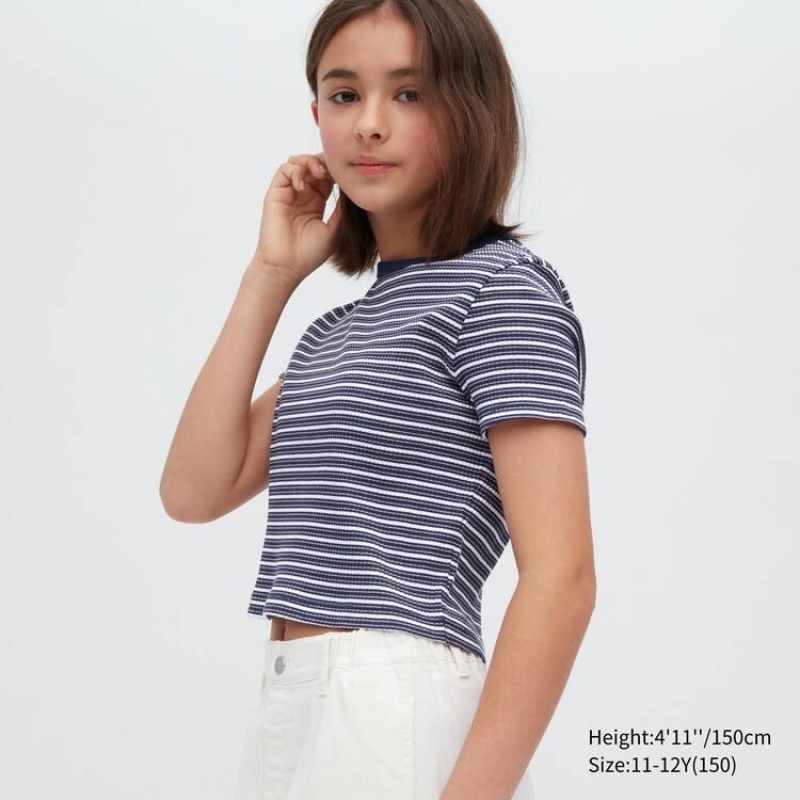 Dětské Tričko Uniqlo Žebrovaný Pruhovaný Cropped Blankyt | AYWVLJS-81