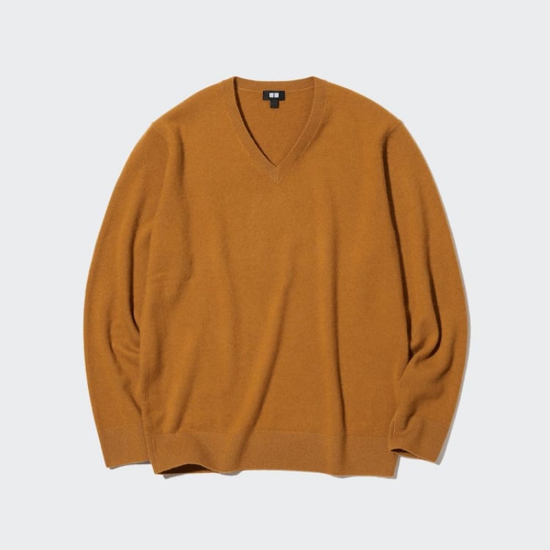 Pánské Jumpers Uniqlo 100% Cashmere V Neck Hořčice | CYKNVMW-58