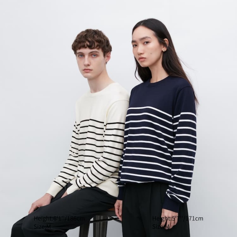 Pánské Jumpers Uniqlo Bavlněné Washable Pruhovaný Crew Neck Bílé | ERXIWVM-50