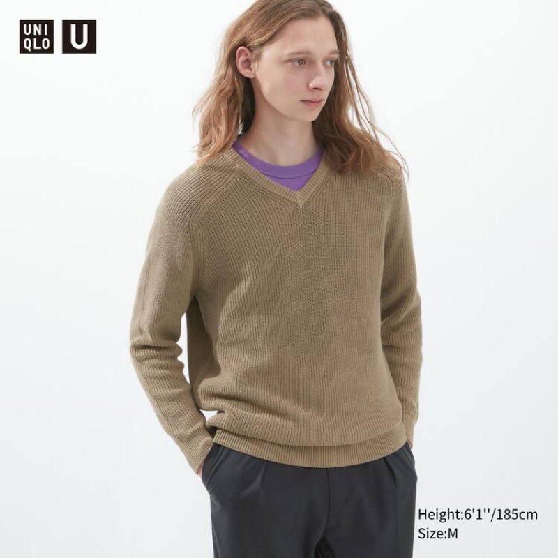 Pánské Jumpers Uniqlo U V Neck Hnědožlutý | AYBHGRX-81