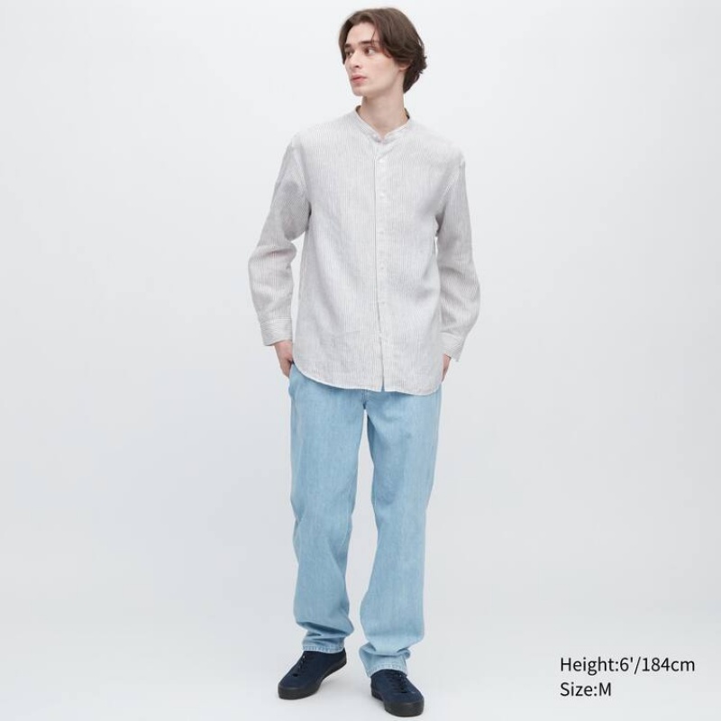 Pánské Košile Uniqlo 100% Premium Linen Pruhovaný Regular Fit (Grandad Collar) Blankyt | OCFNADE-62