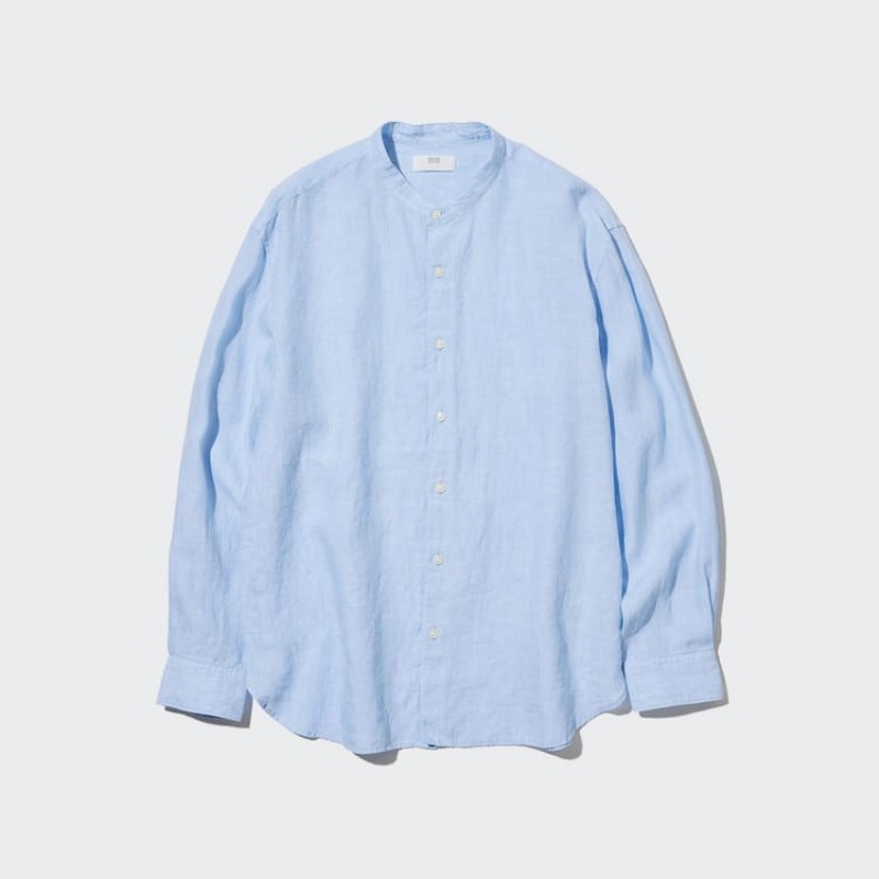 Pánské Košile Uniqlo 100% Premium Linen Regular Fit (Grandad Collar) Blankyt | KRXYSEL-06