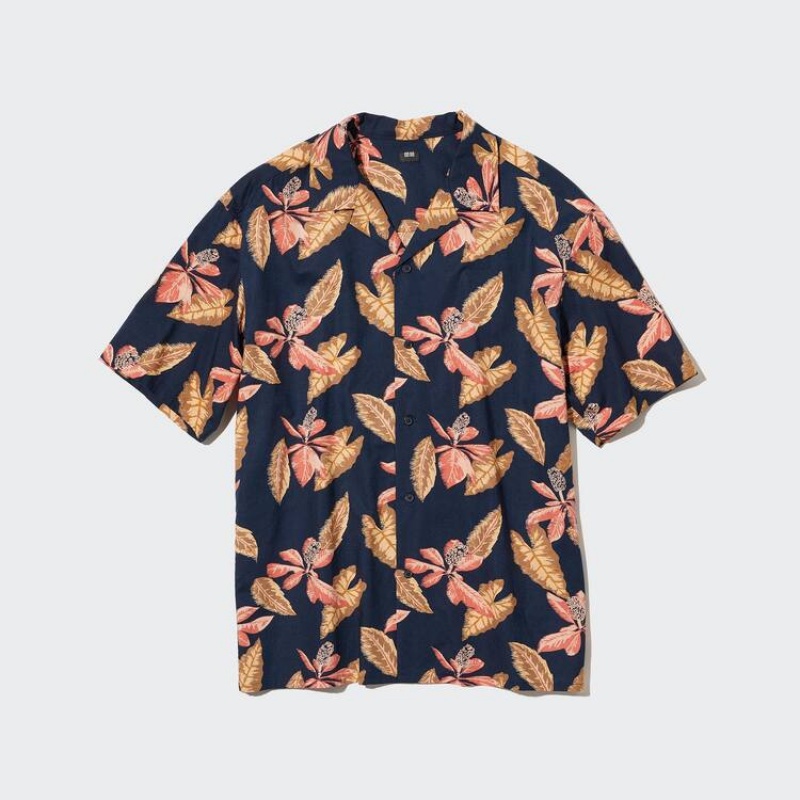 Pánské Košile Uniqlo Bavlněné Blend Běžné Printed Krátké Sleeved (Open Collar) Tmavě Blankyt | RKOVSQT-21