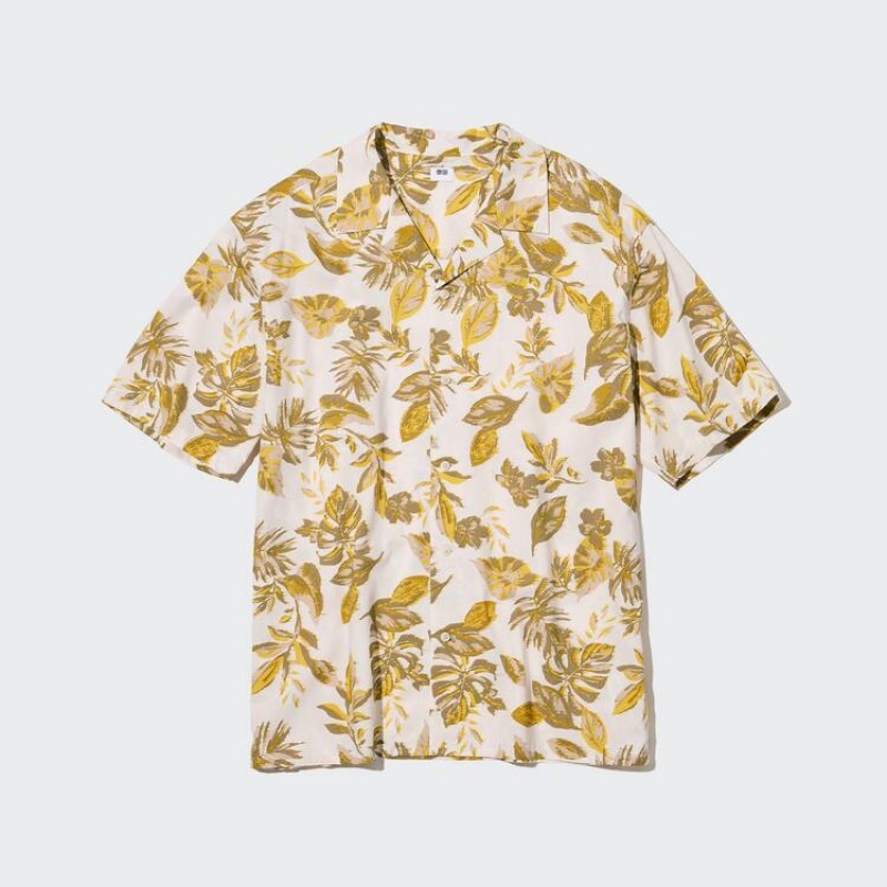 Pánské Košile Uniqlo Bavlněné Blend Běžné Printed Krátké Sleeved (Open Collar) Bílé | QXGPIMR-01