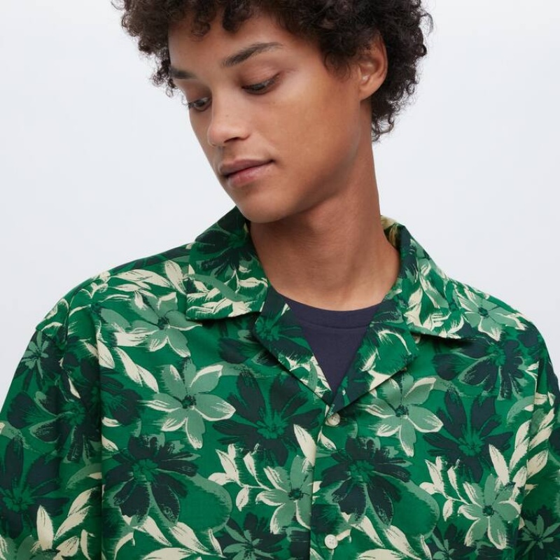 Pánské Košile Uniqlo Bavlněné Blend Běžné Printed Krátké Sleeved (Open Collar) Zelene | IBXOEUN-62