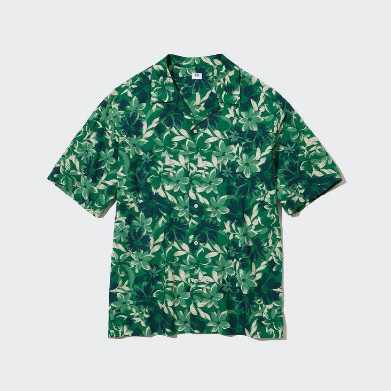 Pánské Košile Uniqlo Bavlněné Blend Běžné Printed Krátké Sleeved (Open Collar) Zelene | IBXOEUN-62