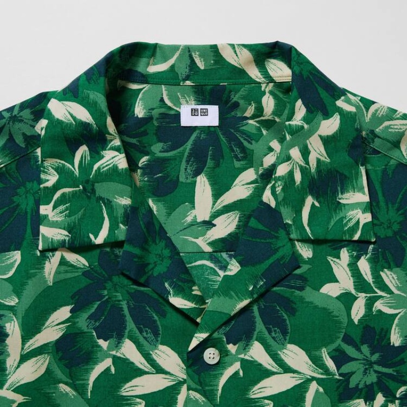 Pánské Košile Uniqlo Bavlněné Blend Běžné Printed Krátké Sleeved (Open Collar) Zelene | IBXOEUN-62