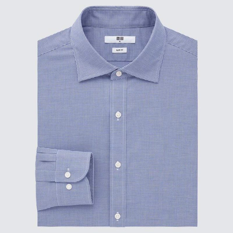 Pánské Košile Uniqlo Easy Care Checked Stretch Slim Fit (Semi-cutaway Collar) Blankyt | IGFCNVM-06