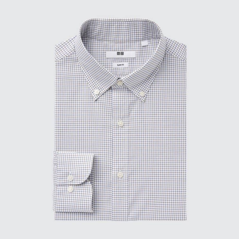 Pánské Košile Uniqlo Easy Care Stretch Slim Fit Checked (Button-down Collar) Hnědé | GTHJOMZ-17