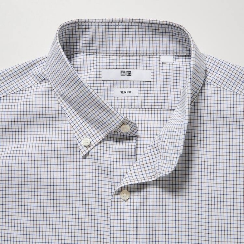 Pánské Košile Uniqlo Easy Care Stretch Slim Fit Checked (Button-down Collar) Hnědé | GTHJOMZ-17