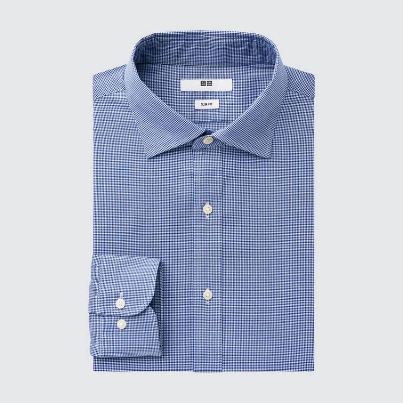 Pánské Košile Uniqlo Easy Care Stretch Slim Fit Checked (Semi-cutaway Collar) Blankyt | PARBHTX-58