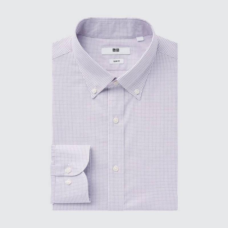 Pánské Košile Uniqlo Easy Care Stretch Slim Fit Checked (Button-down Collar) Fialové | VBEQMXK-63