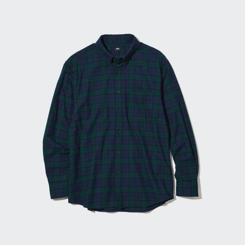 Pánské Košile Uniqlo Flannel Regular Fit Checked (Button-down Collar) Tmavě Zelene | LHXAGBR-87